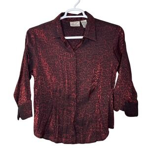 Vintage Y2K Kathie Lee Blouse Top Women's Large Red Black Leopard Button Up